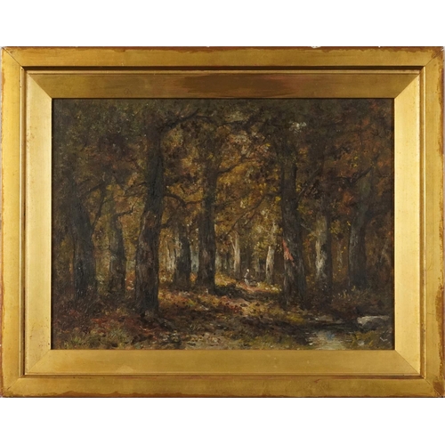 493 - Woodland landscape with figure, oil on canvas, indistinctly signed, C Halford, Camden Town stamp ver... 