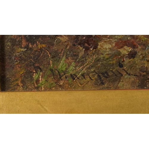 493 - Woodland landscape with figure, oil on canvas, indistinctly signed, C Halford, Camden Town stamp ver... 