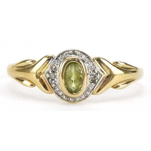 2072 - 9ct gold green amethyst and diamond cluster ring, size U, 1.5g