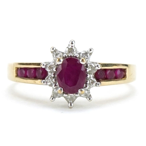 2129 - 9ct gold ruby and diamond cluster ring with ruby shoulders, the largest ruby approximately 5.2mm x 4... 