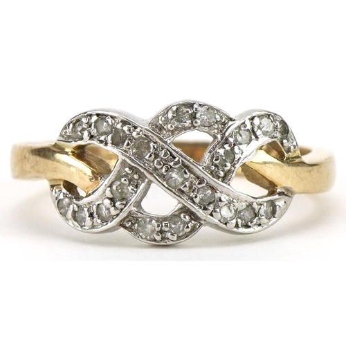 2061 - 9ct gold diamond Celtic design crossover ring, the band stamped 0.15, size L, 2.4g