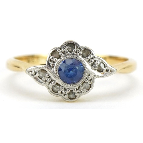 2126 - Art Deco 18ct gold and platinum sapphire and diamond crossover ring, the sapphire approximately 3.5m... 