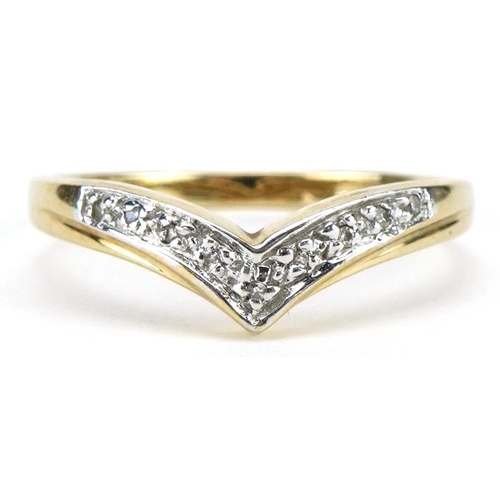 2108 - 9ct gold diamond wishbone ring, size O/P, 1.5g