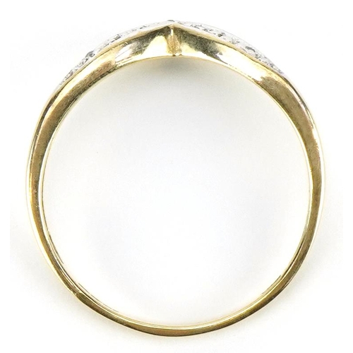 2108 - 9ct gold diamond wishbone ring, size O/P, 1.5g