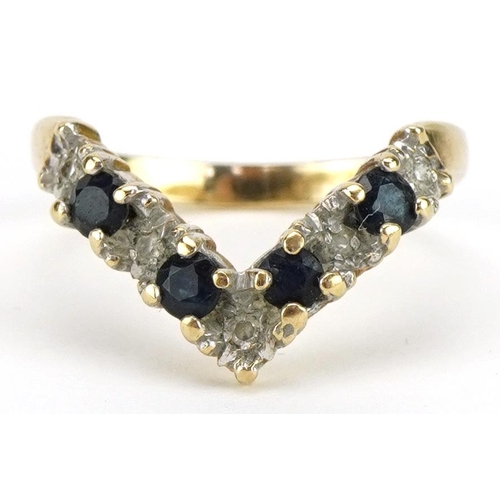 2118 - 9ct gold sapphire and diamond wishbone ring, size K/L, 2.3g