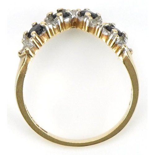 2118 - 9ct gold sapphire and diamond wishbone ring, size K/L, 2.3g