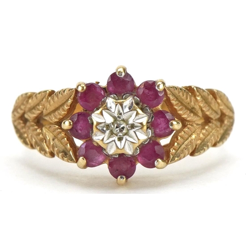 2150 - 9ct gold ruby and diamond flower head ring with naturalistic shoulders, size K/L, 2.8g