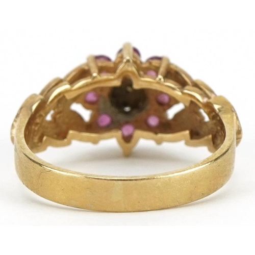 2150 - 9ct gold ruby and diamond flower head ring with naturalistic shoulders, size K/L, 2.8g