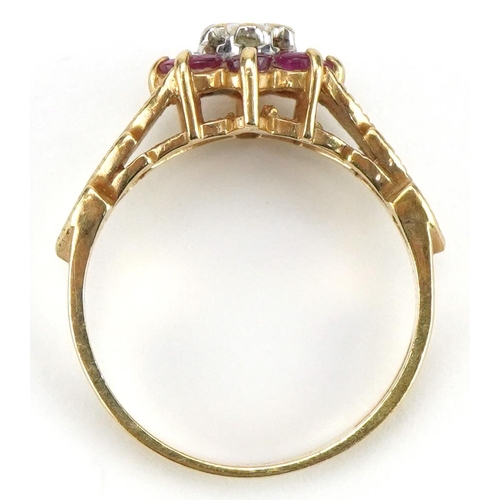 2150 - 9ct gold ruby and diamond flower head ring with naturalistic shoulders, size K/L, 2.8g