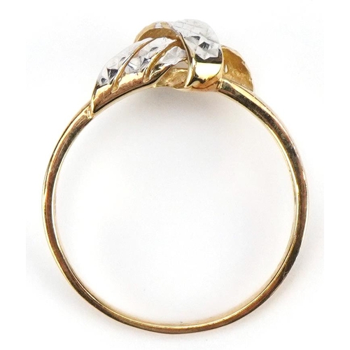 2325 - 9ct two tone gold knot design ring, size M/N, 1.6g