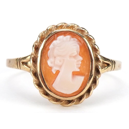 2159 - 9ct gold cameo maiden head ring with split shoulders, size Q/R, 2.0g