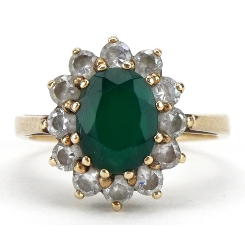 2176 - 9ct gold green and clear stone cluster ring, the green stone approximately 9.3mm x 6.9mm, size M, 3.... 