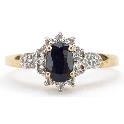 2170 - 9ct gold sapphire and diamond cluster ring, the sapphire approximately 6.1mm x 4.1mm, size M, 1.4g