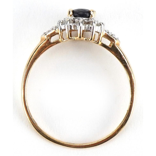 2170 - 9ct gold sapphire and diamond cluster ring, the sapphire approximately 6.1mm x 4.1mm, size M, 1.4g