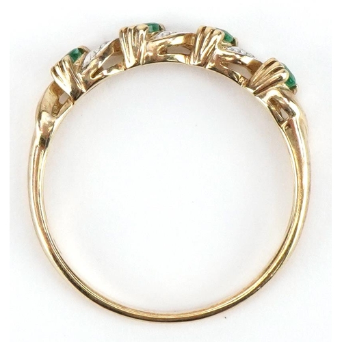 2305 - 9ct gold emerald and diamond crossover ring, size S, 1.9g