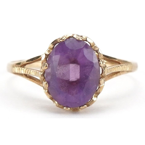 2274 - 9ct gold amethyst solitaire ring, the amethyst approximately 10.0mm x 8.1mm, size T, 2.0g