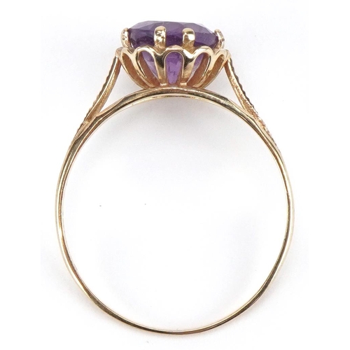 2274 - 9ct gold amethyst solitaire ring, the amethyst approximately 10.0mm x 8.1mm, size T, 2.0g