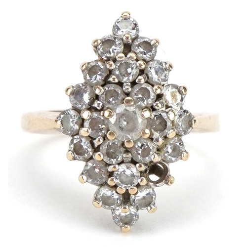 2270 - 9ct gold clear stone marquise ring, size I, 3.4g