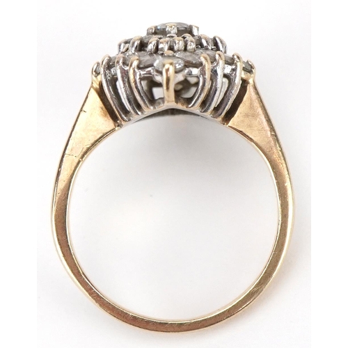 2270 - 9ct gold clear stone marquise ring, size I, 3.4g