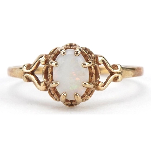 2261 - 9ct gold opal solitaire ring with ornate setting, size O, 1.4g