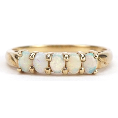 2168 - 9ct gold opal five stone ring, size U, 1.9g