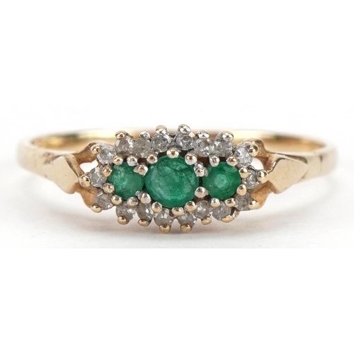 2070 - 9ct gold emerald and diamond cluster ring, size P, 1.5g