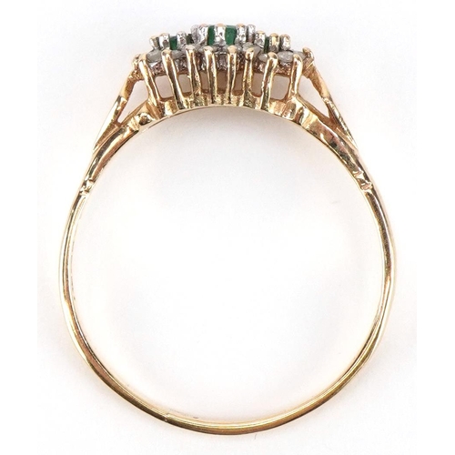 2070 - 9ct gold emerald and diamond cluster ring, size P, 1.5g