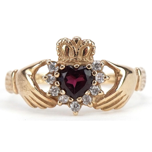 2100 - 9ct gold garnet and cubic zirconia Claddagh ring, size R, 2.0g