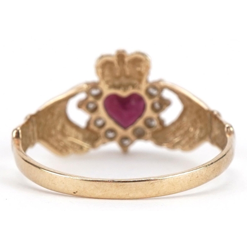 2100 - 9ct gold garnet and cubic zirconia Claddagh ring, size R, 2.0g