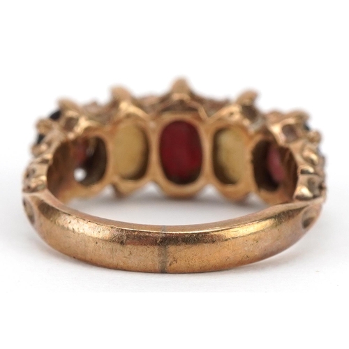 2115 - Victorian style 9ct gold garnet and cabochon opal five stone ring with ornate setting, size J, 3.9g