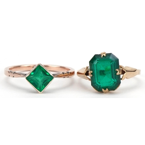 2395 - Two 9ct gold green stone rings including an Art Deco example, sizes J and M/N, total 3.5g