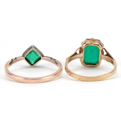 2395 - Two 9ct gold green stone rings including an Art Deco example, sizes J and M/N, total 3.5g