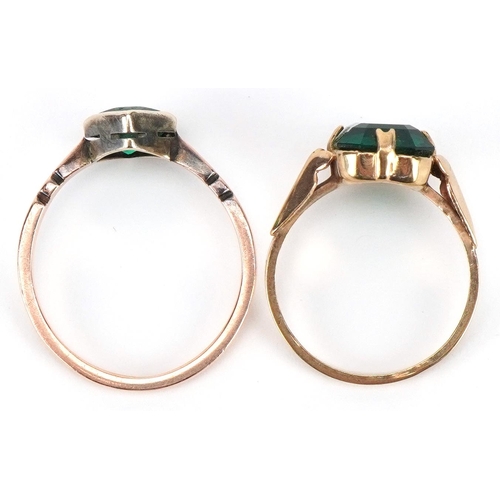 2395 - Two 9ct gold green stone rings including an Art Deco example, sizes J and M/N, total 3.5g