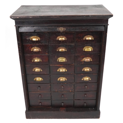 1091 - Oak twenty four drawer haberdashery chest with tambour front, 115.5cm H x 86.5cm W x 49.5cm D