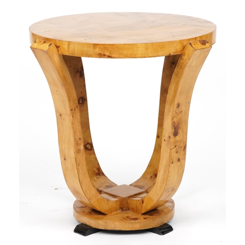 1036 - Art Deco style circular walnut effect occasional table, 67cm high x 59cm in diameter