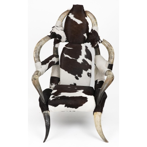 1102 - Brutalist style Horn and cow hide chair, 125cm high