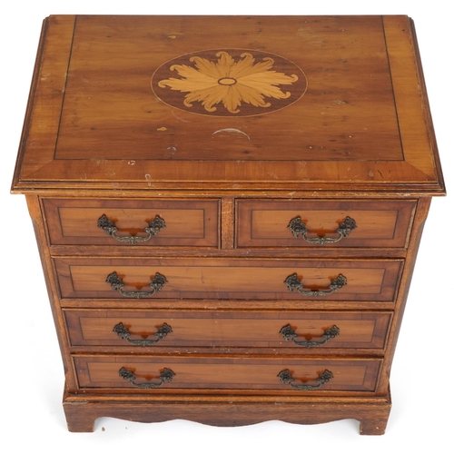 1100 - Inlaid mahogany and walnut five drawer chest, 72cm H x 63cm W x 40cm D