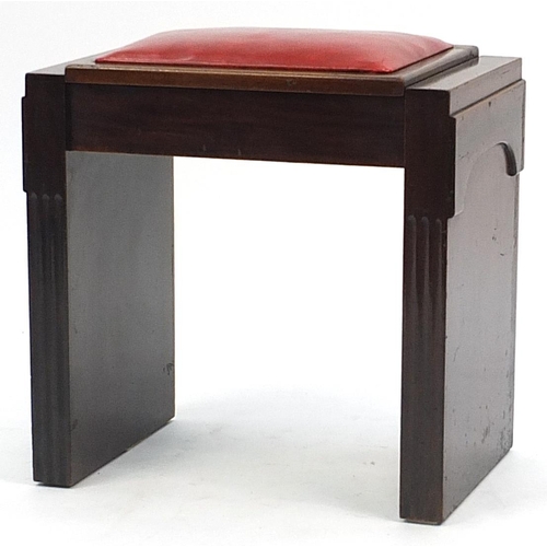 1026 - Art Deco piano stool with red leather lift up seat, 51cm H x 53cm W x 33cm D