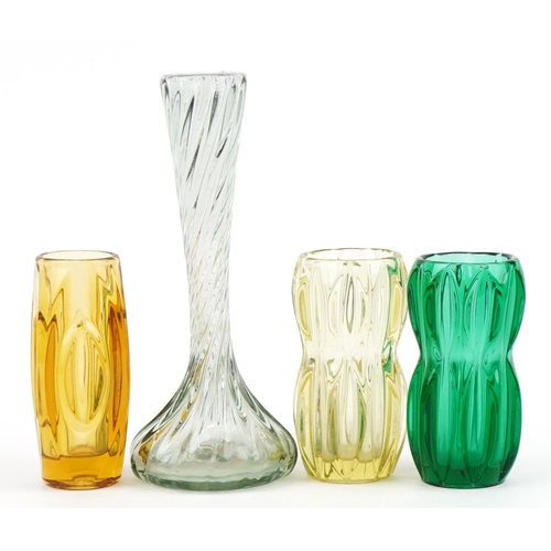 258 - Three Czechoslovakian Sklo Union art glass vases and a Maure Veil vase, the largest 27cm high