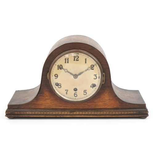 1284 - Oak cased Napoleon hat shaped mantle clock with Westminster chime, 42.5cm wide