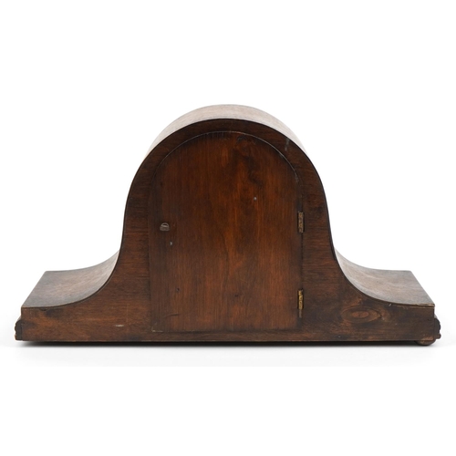 1284 - Oak cased Napoleon hat shaped mantle clock with Westminster chime, 42.5cm wide