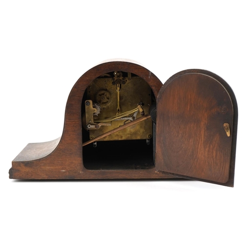 1284 - Oak cased Napoleon hat shaped mantle clock with Westminster chime, 42.5cm wide