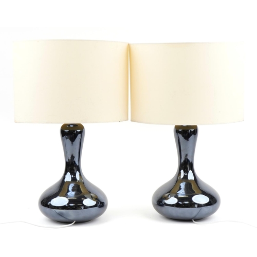 671 - Pair of contemporary iridescent pottery table lamps with shades, 62cm high