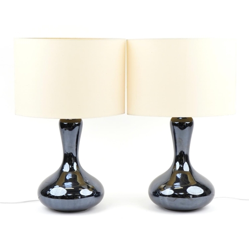 671 - Pair of contemporary iridescent pottery table lamps with shades, 62cm high