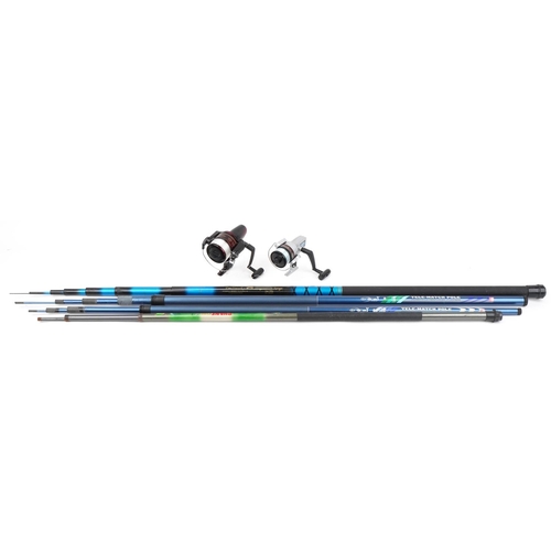 678 - Four fishing poles and two fishing reels including PacHawk Super Whip and Crane Tele-match pole