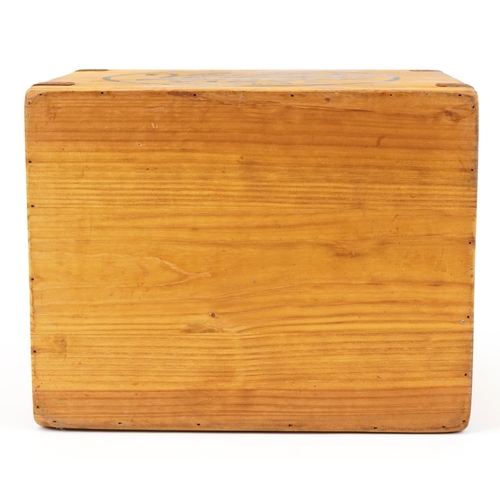 1269 - Pine advertising crate, 27cm H x 34.5cm W x 27cm D