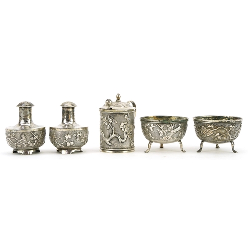 18 - Wang Hing, Chinese silver five piece cruet, the largest 5.5cm high, total weight 163.0g