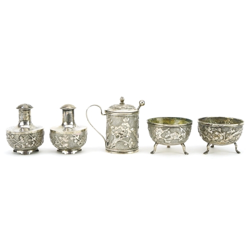 18 - Wang Hing, Chinese silver five piece cruet, the largest 5.5cm high, total weight 163.0g