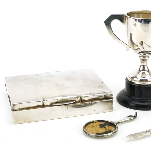 234 - Silver objects including a cigarette box, twin handled trophy and mother of pearl folding fruit knif... 