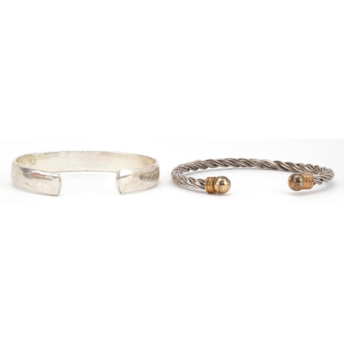 2372 - White metal jewellery comprising two bangles including a rope twist example and Belcher link necklac... 